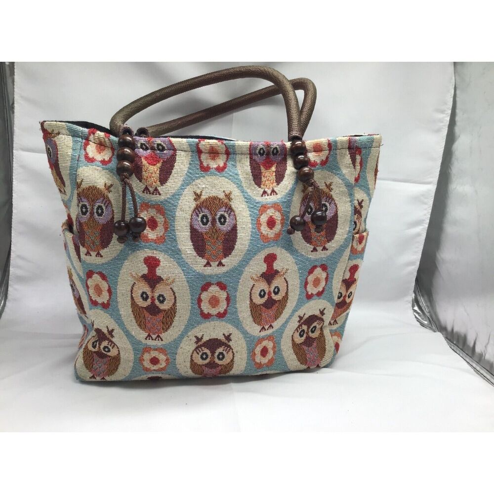 Owl Canvas Tote Handbag Zipper Lined Wooden Beads Shoulder Bag - Picture 2 of 10